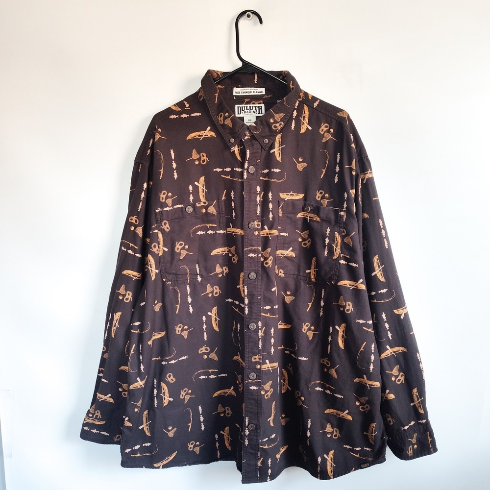 Duluth Trading Free Swingin Flannel Size‎ 2X Relaxed Fit Untucked Brown Fishing